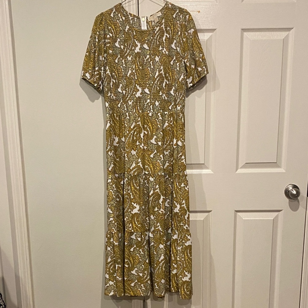 Michael Kors Olive and White Patterned Midi Dress